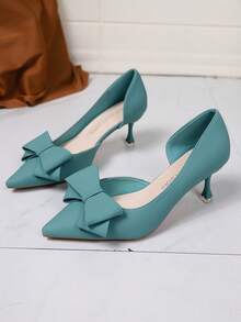 Elegant Turquoise Color Bow Decor Mid-Heel Solid Color Trim Slingback Women's Formal Party Pointed Toe Sandals, Spring/Summer,Elegant - Blue - View 6