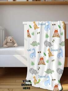 1pc Custom Personalized Baby Name Dinosaur Printed Blanket Gift, Suitable For Newborn Boys, Nursery Decor, Custom Name Baby Boy Blanket - Multicolor - View 1
