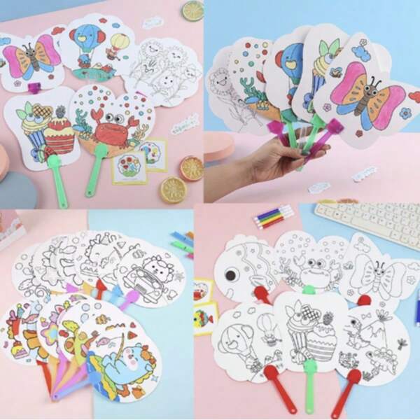 1 pieza/Set de 3 piezas Ventilador infantil de bricolaje con graffiti de dibujos animados, pequeños regalos de artesanía e inteligencia para el jardín de infantes, abanico de colorear y pintar para estudiantes de primaria, material de artesanía infantil para pintar y hacer graffiti, regalo para volver al colegio, regalo de Halloween y Navidad, ventilador transparente de plástico redondo pequeño para pintar a mano