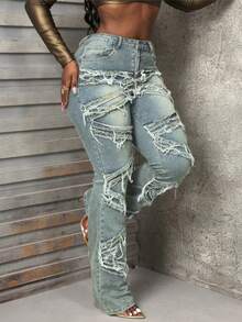 2025 Summer New Denim Laminated Hole Washed Straight Tube Fringe Fashion Casual Jeans - Màu xanh lam - Xem 2