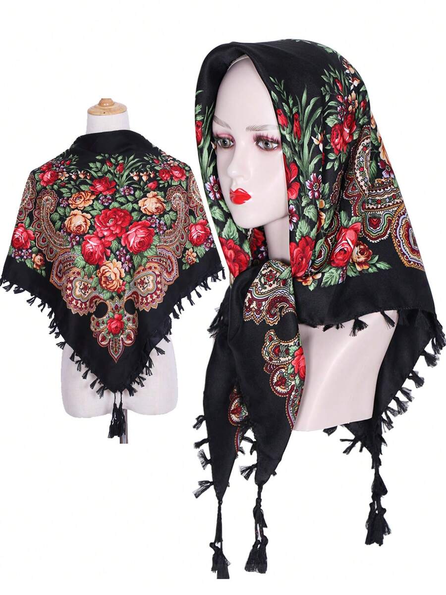 1pc Women's Traditional Print Headscarf Shawl, Versatile Warm Dust-Proof Face Cover Scarf, Women Everyday Head Wrap For Dress - Multicolor - View 1