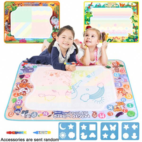 1 pièce Tapis de dessin à l'eau magique pour enfants avec 2 stylos et 4 modèles, grand tapis de dessin à l'eau, jouet de coloriage et de gribouillis, ensemble de peinture, jouets éducatifs, cadeau d'anniversaire pour garçons et filles, certaines parties sont envoyées de manière aléatoire
