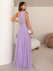 LONG WEDDING PARTY DRESS FOR GODMOTHER IN TULLE WITH FLOWER ON THE SHOULDER - Lilac - View 2