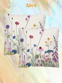 2pcs Ditsy Floral Pattern Decorative Pillow Cases & Covers, Letter Print Square Pillow Sham Without Inserts, Cute Throw Pillow Covers Suitable For Sofa, Living Room
