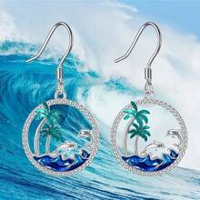 Summer Ocean Palm Tree Hollow Design Necklace & Earring Jewelry Set, Palm Tree, Sea Wave, Mother-Child Dolphin Pendant Necklace, Gift For Women, Girlfriend, Mom
