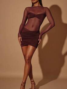 Sexy Round Neck Long Sleeve Mesh Pleated Bodycon Dress