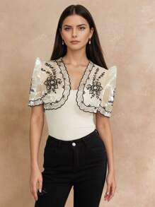 Modern Filipiniana Women Floral Print Frill Short Sleeve Round Neck Open Front Cropped Cardigan, Spring/Summer