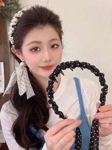 2/1 Pc Polka Dot Ribbon Headband With Long Trailing Bows, Suitable For Daily Wear By Women, Hair Accessory To Create Hairstyles, Sweet & Charming Hair Hoop, High Crown Headband