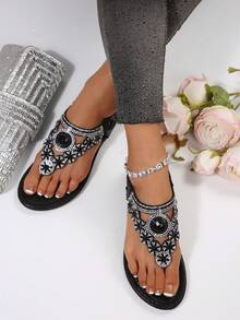 Women's Rhinestone Decor Open Toe Flat Sandals, Bohemian Style Beach Slip-On Shoes For Summer