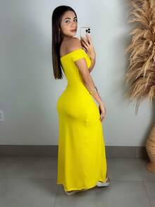 Sexy Off-The-Shoulder Long Fitted Dress With Side Slit - Yellow - View 2
