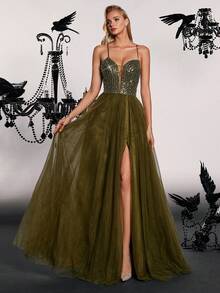 Vipgirl 女士优雅绿色露肩长款派对礼服，正式晚会舞会婚礼宾客礼服，适合毕业典礼、晚宴 - 綠色 - 查看 5