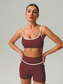 春夏两件套女式瑜伽跑步运动文胸和短裤运动服 - 中紫紅色 - 查看 5