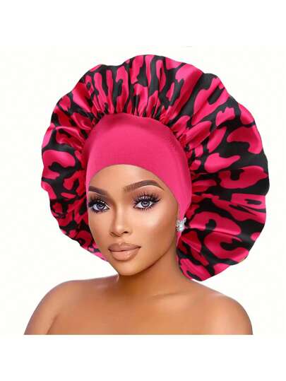 Gorro de mujer con estampado de leopardo y banda elástica ancha de satén, suave y cómodo gorro para dormir, de moda para uso casual, secado y protección del cabello