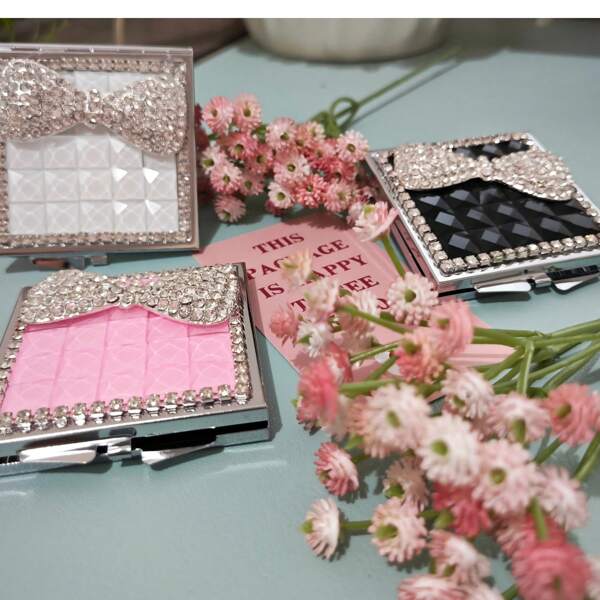 Fashionable Portable Makeup Mirror, Butterfly Diamond Inlaid Beautiful Mirror, DIY Bowknot Square Double-Sided Folding Mirror, Handbag Makeup Mirror, Touch Up Mirror, Small Princess Gift