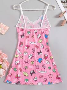 Sanrio 1 Stück Damen Rosa Sanrio Familie Süßer Digitaldruck, Transparentes Mesh & Rückenausschnitt, Rosa Pyjama, Süßes Nachthemd, V-Ausschnitt, Kontrastspitze, Seitenschlitz, Babydolls, Sexy Dessous, Sexy Dessous Kleid
