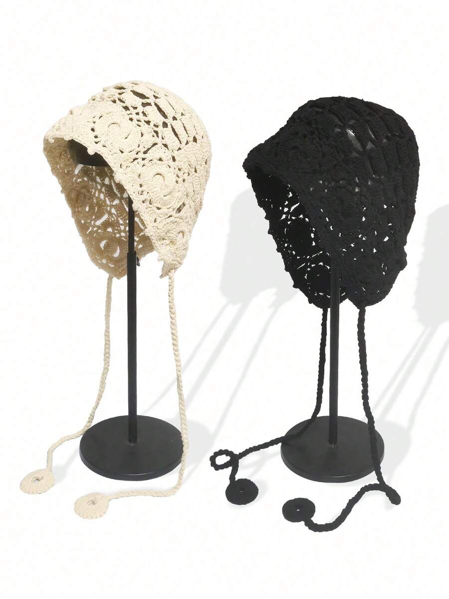 1pc Women Handmade Hollow Out Crochet Tasseled Beanie, Casual Fashion Floral Knitted Headwear, Versatile For Daily Life, Sweet Gift