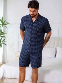 2pcs/Set Men's Plaid Allover Print Short Sleeve Shirt And Shorts Pajama Set