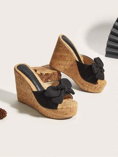 Sandali con cinturino, punta aperta, fiocco e platform, in tessuto morbido e leggero, stile bohémien, con suola in legno dal look gommato, comodi e rialzanti, design casual versatile retrò minimalista ed elegante di lusso, facili da infilare per uso interno ed esterno, adatti per tutte le stagioni, scarpe con platform