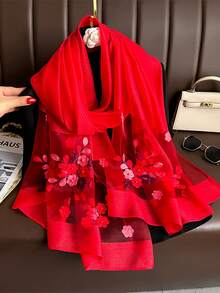 1pc Floral Embroidered Pearl Silk Scarf, New Fashionable & Elegant Woven Shawl For Women, Sunscreen Headscarf, Beach Cover Up' For Dress - Multicolor - View 15