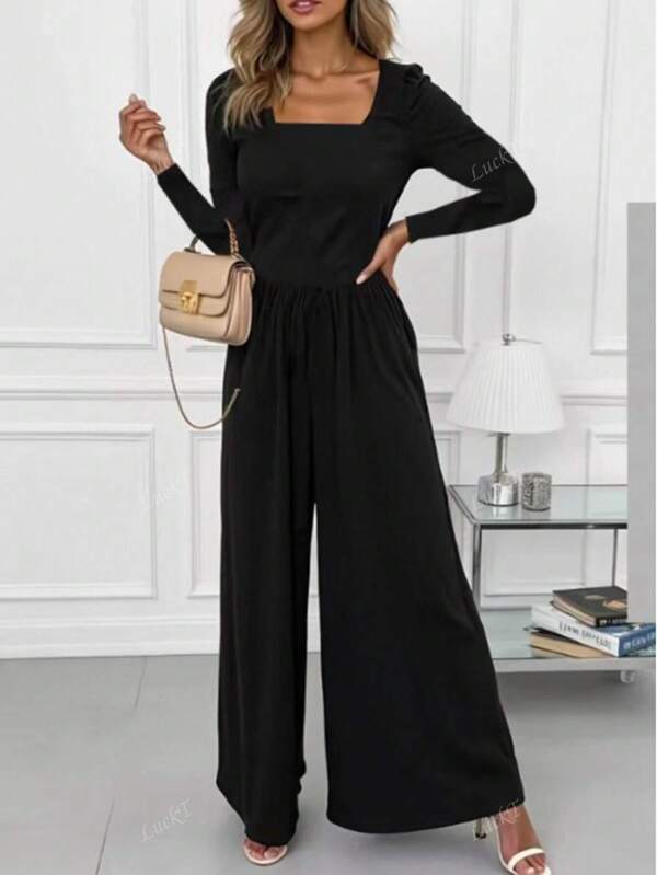 Mono casual con pantalón holgado, cuello cuadrado, mangas largas y plisado para mujer