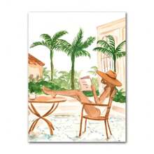 1 pièce Œuvre d'art murale d'été moderne pour fête de piscine. Impression tropicale de plante, image de voyage, fille de spa. Peinture sur canevas. Poster de décoration de salle de séjour, cadeau, décoration. canevas optionnelle avec cadre
