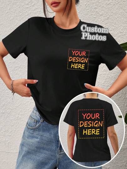 Customized Women's T-Shirts - Add Your Photos (Landscapes/Badges/Couple Photos/Family Photos/Selfies/Pets, Etc.), Front And Back Printing Customization, Design Your Own Personalized Printed T-Shirts As Gifts For Girlfriends, Couple Dating Shirts, Etc., For Anniversaries, Valentine's Day, Mother's Day, Birthdays, Festivals, Etc. Customized Straight Shoulder T-Shirts