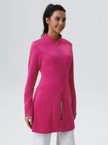 Solid Color Long Sleeve Casual Zipper Front Pocket Laboratory Jacket Lab Coat - Rose Red - View 4