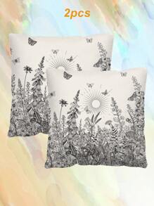 2pcs Ditsy Floral Pattern Decorative Pillow Cases & Covers, Letter Print Square Pillow Sham Without Inserts, Cute Throw Pillow Covers Suitable For Sofa, Living Room