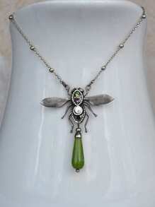 3pcs Dragonfly & Geometric Pendant Necklace Earrings Set, Vintage Style Classic Jewelry With Natural Stone, Zirconia, Pearl Decor For Women Party & Occasion