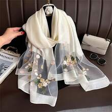 1pc Floral Embroidered Pearl Silk Scarf, New Fashionable & Elegant Woven Shawl For Women, Sunscreen Headscarf, Beach Cover Up' For Dress - Multicolor - View 12
