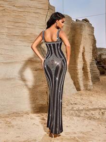Semi-Sheer Elastic Mesh Body-Fitting Luxurious Rhinestone Embellished Party/Evening Gown Dress, Wedding Guest Dress, Formal Dress - Black - View 3