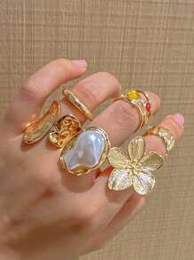 6 Stücke vintage elegant modische antike Geld-Stil französisch Barock Künstliche Perle Blumen Metall Lava Hohlkanal Eingelegt bunte Edelstein Ring Set, vielseitige hochwertige Stapel Party Hochzeit Dates Geschenk für Frauen Strand Urlaub Sommer