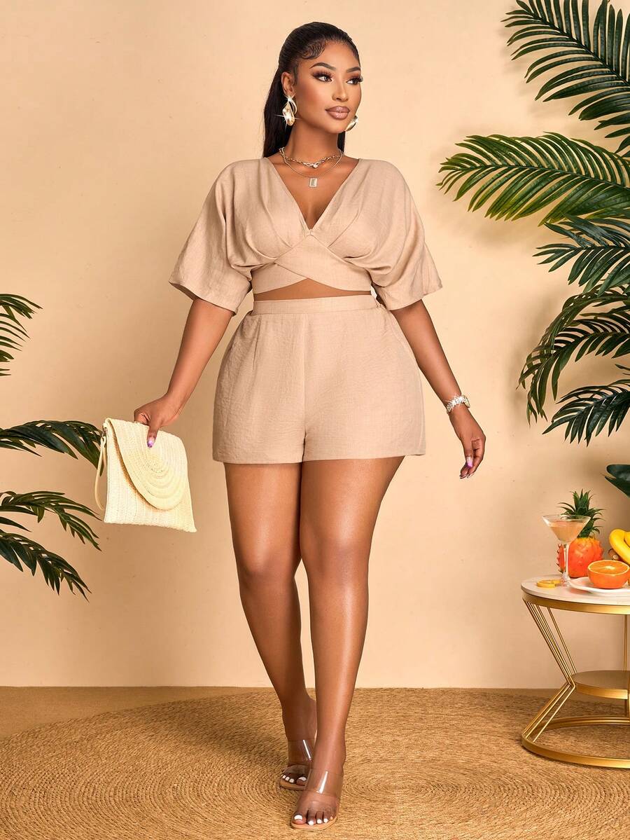 BIUBIU Conjunto de dos piezas de top corto con mangas de murciélago y cuello en V, y shorts en unicolor, elegante para el verano, talla grande para mujer - Caqui - Ver 1