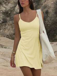 Summer Sports Tennis Dress For Women, Solid Color, Fitted Shoulder Strap, Slit, Simple And Casual Women's Butter Yellow Short Dress - Yellow - View 5