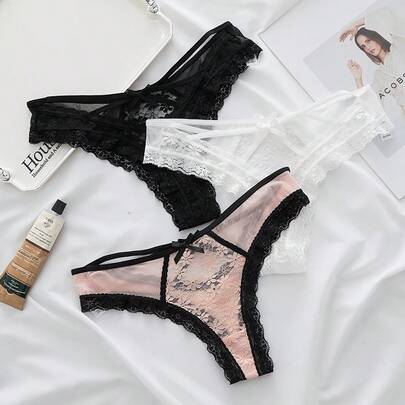 3pcs Women's Thongs, Stretchy Lace Thongs With Crisscross Cut-Outs, Sexy Low Waist Underwear Panties For Women, Comfy Breathable Intimates Panties, Bow Design, Crotch Cotton Fabric, Quick-Drying