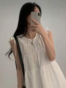 Vintage Pleated Bowknot Sleeveless Mini Dress For Petite Women, Summer