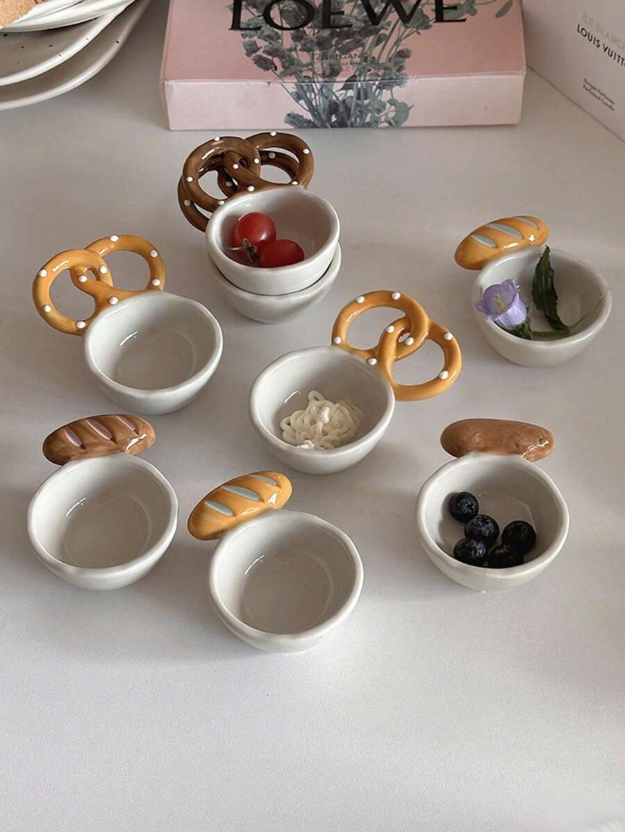 不对称形状陶瓷面包设计香料盘，有趣的手工面包形碗，创意陶瓷碗，法棍咖啡配件，带小勺的面包糖罐，学校用品 - 彩色 - 查看 1