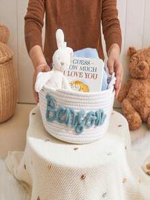 Personalized Handmade Basket, Rope Basket As Baby Shower Gift, Doll Basket, Baby Name Letter Combination Gift, Children's Toys, Books, Plush Toys Storage, Multifunctional, Lightweight, Large Capacity, Cute, Minimalist, Solid Color, Customized, Ideal Gift For Kids, Friends, Family, White,Back To School Fashion,Christmas Gift