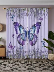 2pcs Purple Butterfly Pattern Printed Curtains With Rod Pocket, UV Blocking, Machine Washable Polyester, Suitable For Living Room, Kitchen, Cafe, Balcony And Garden Decor