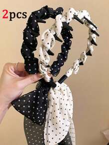 2/1 Pc Polka Dot Ribbon Headband With Long Trailing Bows, Suitable For Daily Wear By Women, Hair Accessory To Create Hairstyles, Sweet & Charming Hair Hoop, High Crown Headband