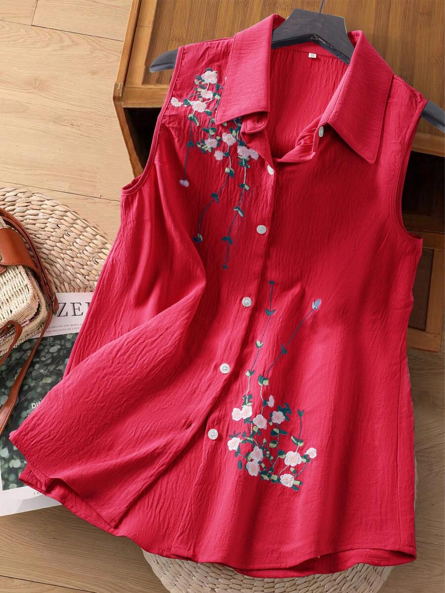 Bluză fără mâneci, cu imprimeu floral brodat, casual, pentru femei, de vară