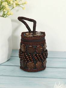 波西米亚风欧美迷你椰壳手提包可爱小巧手工编织零钱包女士钱包钱包零钱包旅行钱包 - 咖啡 - 查看 1