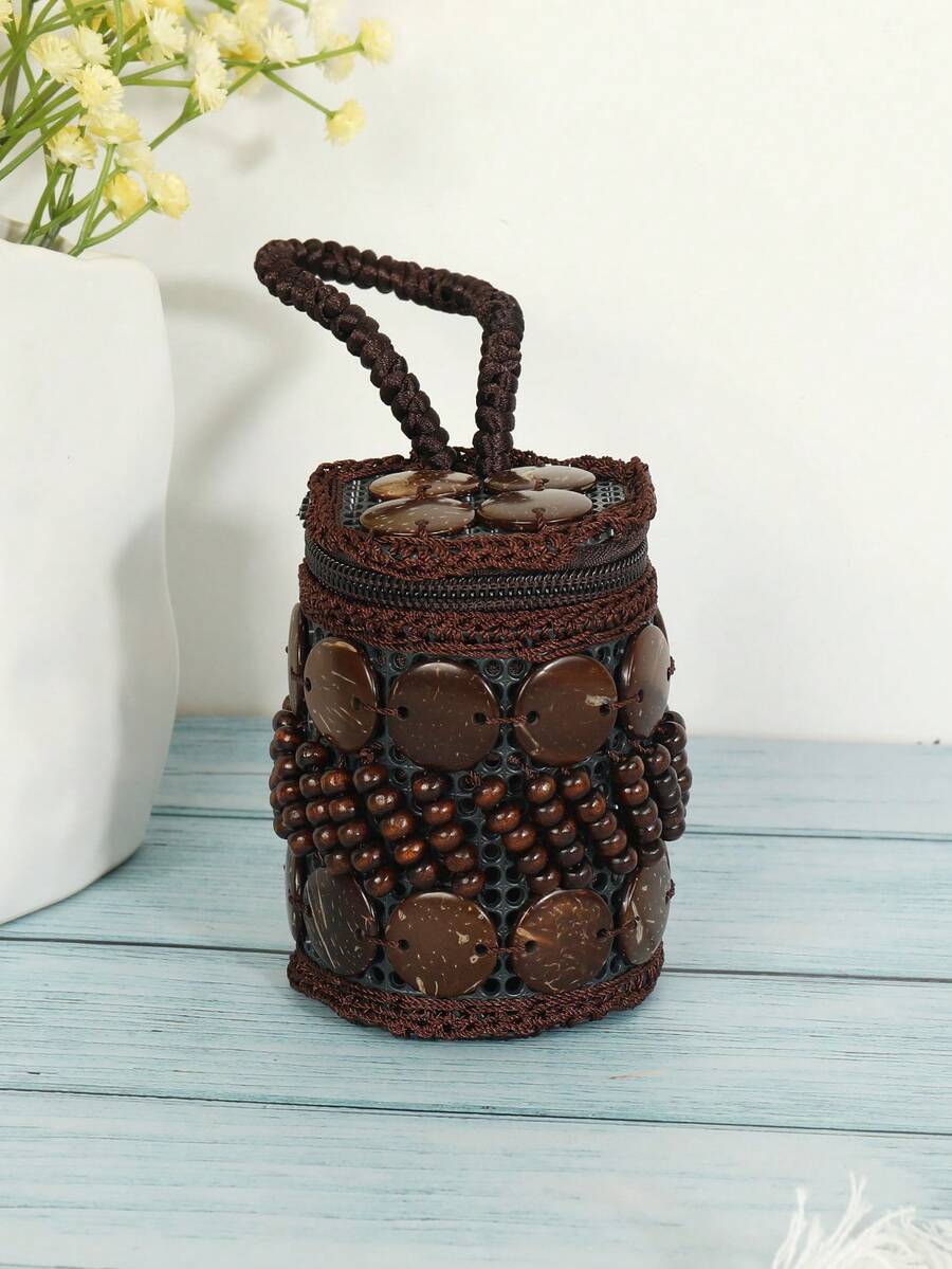 波西米亚风欧美迷你椰壳手提包可爱小巧手工编织零钱包女士钱包钱包零钱包旅行钱包 - 咖啡 - 查看 1