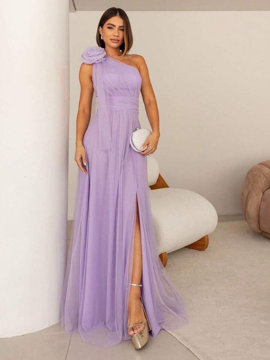 LONG WEDDING PARTY DRESS FOR GODMOTHER IN TULLE WITH FLOWER ON THE SHOULDER - Lilac - View 1