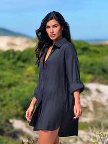 Plain Chemise Shirt Beach Cover-Up - Black - View 4