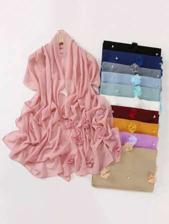 1 pieza Pañuelo de mujer hecho a mano con perlas, gasa floral y tachuelas, elegante pañuelo para la cabeza de protección solar diaria de seda para vestidos