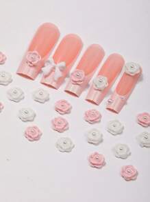 20 Pieces Of Pink And White Mixed Rose Nail Art Accessories, DIY Wearable Nail Resin Three-Dimensional Art Decorative Small Accessories, Versatile And Simple Style Accessories