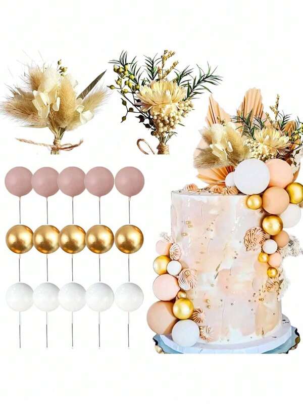 17pcs Bohemian Cake Decoration Set, Small Bouquet White Gold Nude Cake Ball Cake Decoration, Suitable For Wedding Bridal Birthday Party Supplies, Birthday Cake Decoration, Baptism Cake Decoration, Mother's Day Cake Decoration, Retirement Party 50th, 60th Birthday Cake Decoration