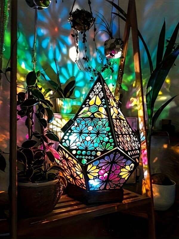 1 Piece Wooden Bohemian Floor Lamp - Convenient USB Powered, Unique Hollow Geometric Design, Stunning 3D Projection, Dual Night Light/Table Lamp Functionality, Vintage Bohemian Style - Made Of Premium Wood, The Perfect Home Decor Addition