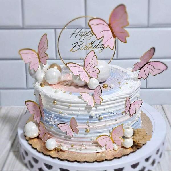 11pcs, Pink Butterfly Cake Decoration, Cupcake Decoration, Happy Birthday Metal Gold Decoration, Themed Party Cake Decoration, (Pink, Purple)